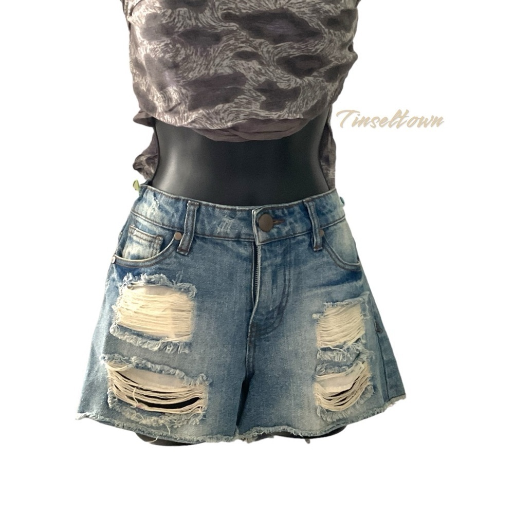 Tinseltown Distressed Frayed Blue Denim Jean Short Cotton Zip Button Fly SZ 5
